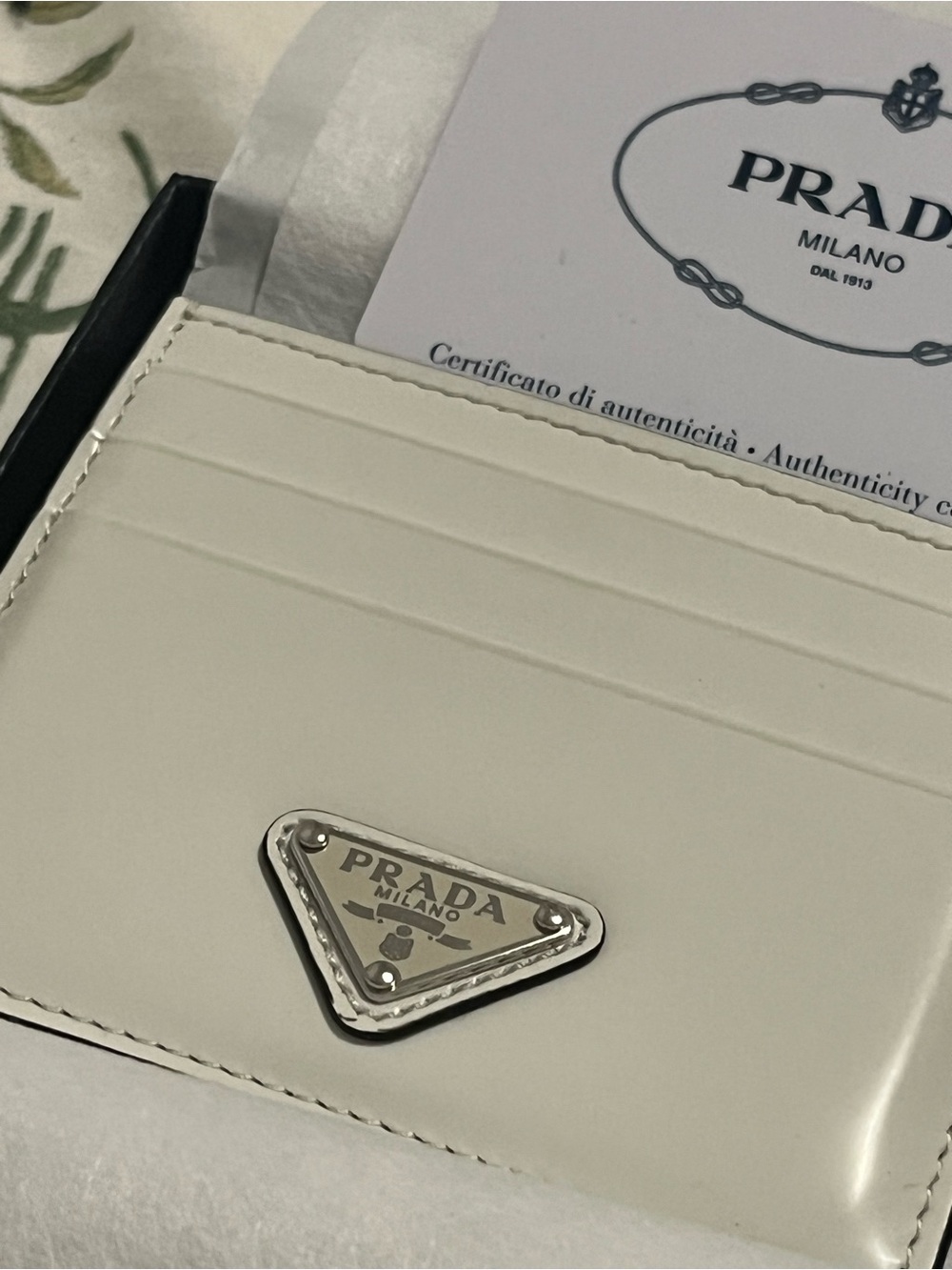 Prada Ivory Leather Card Wallet with Classic Silver Triangle Logo